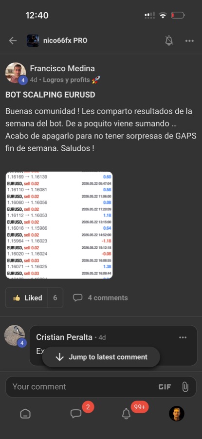 Francisco Medina compartiendo resultados del Bot Scalping EURUSD en la Skool