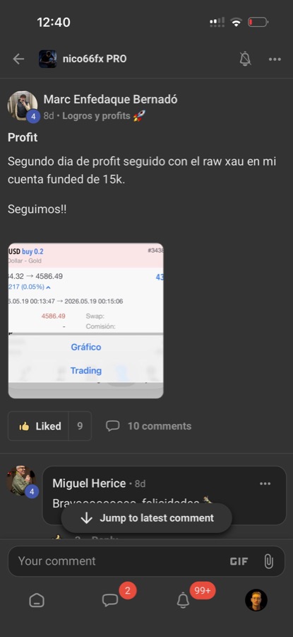 Marc Enfedaque mostrando profit con RAW XAU en cuenta funded de 15k