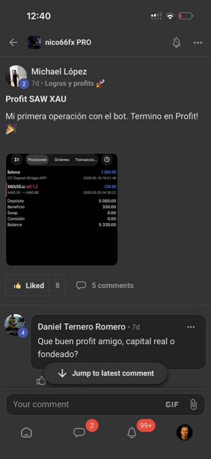 Michael López compartiendo su primera operación en profit con RAW XAU
