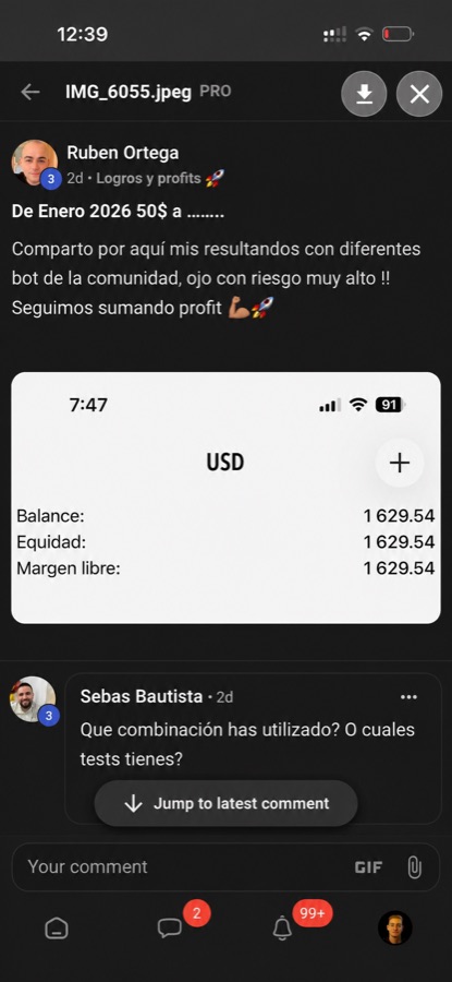 Ruben Ortega mostrando progresión de 50$ con varios bots de la comunidad