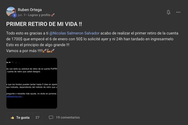 Ruben Ortega anuncia su primer retiro en la Skool: empezó con 50 $ el 6 de enero, retira de una cuenta de 1.700 $ y se lo ingresan en menos de 24 horas