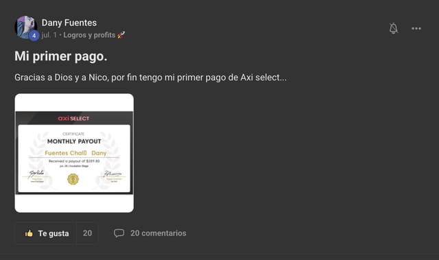 Dany Fuentes comparte su primer pago: certificado de pago mensual de Axi Select por 289,80 $